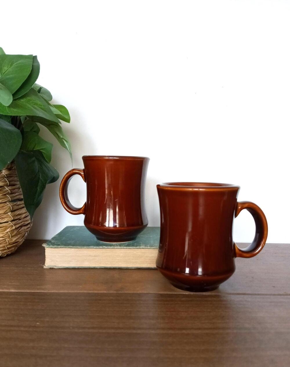 Vintage Brown Stoneware Coffee Cups, Set of 2